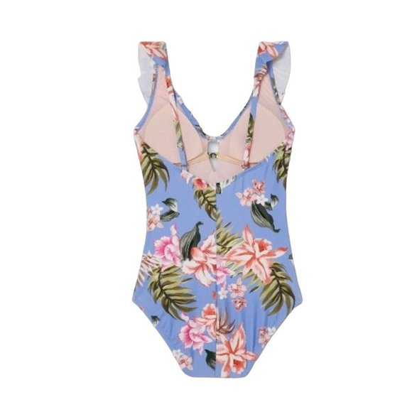 Kona Sol One Piece Blue Tropical Print Ruffle Neck High Coverage Swim Suit S M - Picture 4 of 10
